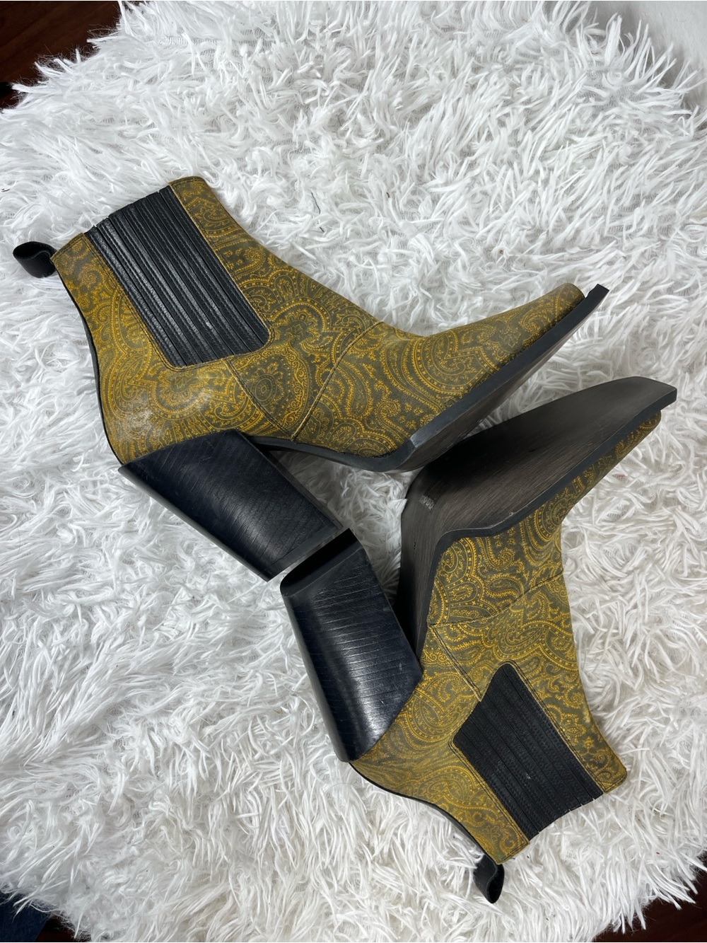 John Fluevog Yellow Paisley Diana Chelsea Booties with Black Trim - Picture 5 of 11